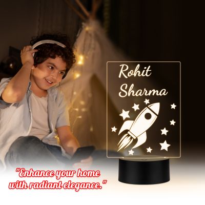 Customized Rocket Themed Illusion Lamp with  Warm white Glow LED Night Light with Black Base Birthday Return Gift for Son, Daughter & Kids